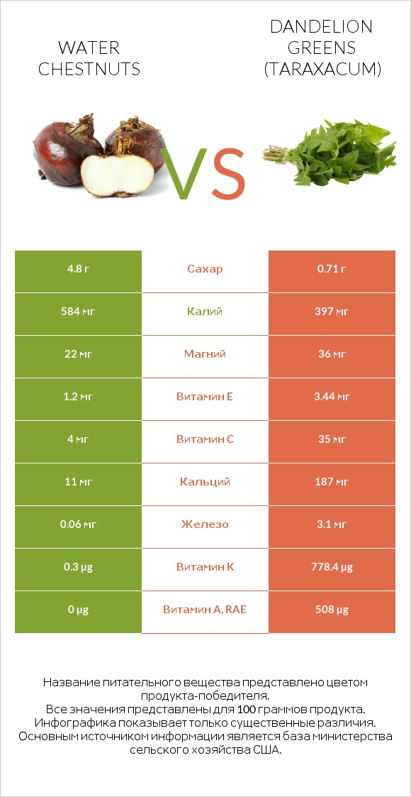 Water chestnuts vs Dandelion greens infographic