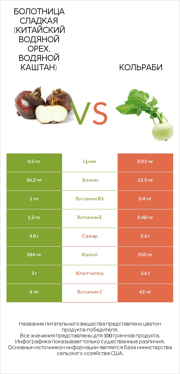 Болотница сладкая (Китайский водяной орех, водяной каштан) vs Кольраби infographic