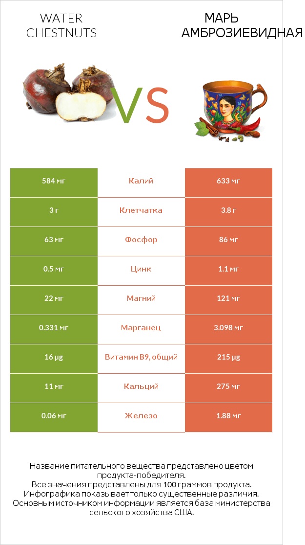 Water chestnuts vs Марь амброзиевидная infographic