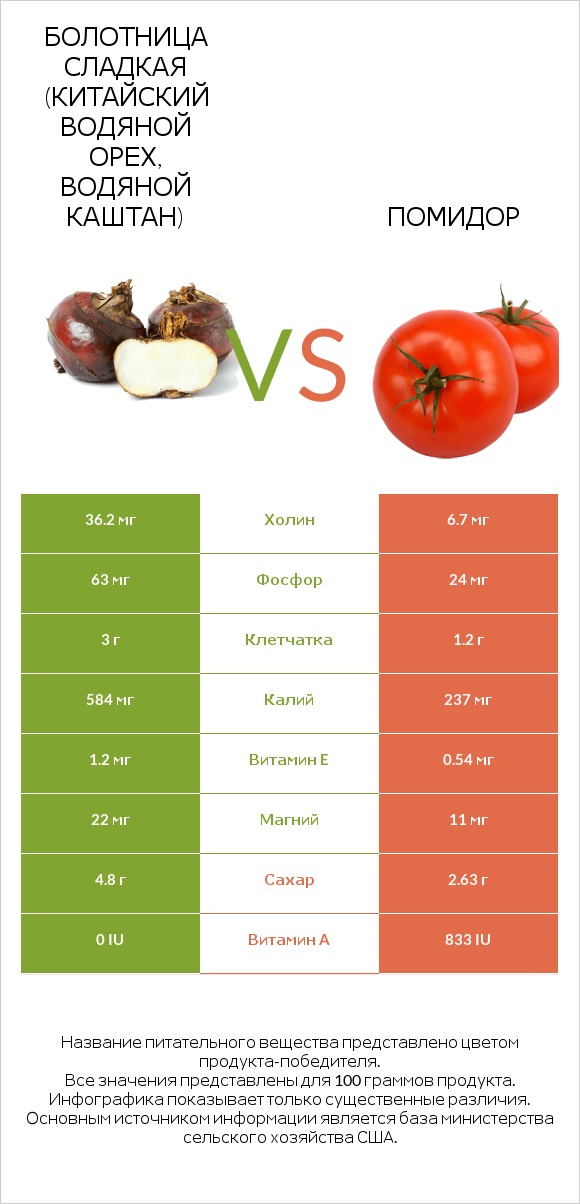 Болотница сладкая (Китайский водяной орех, водяной каштан) vs Помидор  infographic