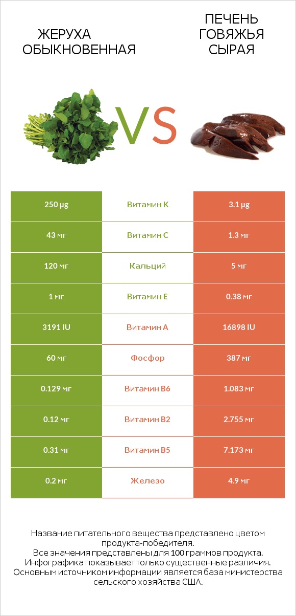 Жеруха обыкновенная vs Печень говяжья сырая infographic
