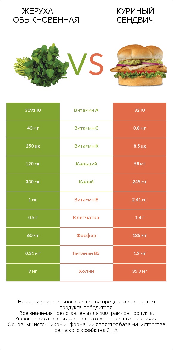 Жеруха обыкновенная vs Куриный сендвич infographic
