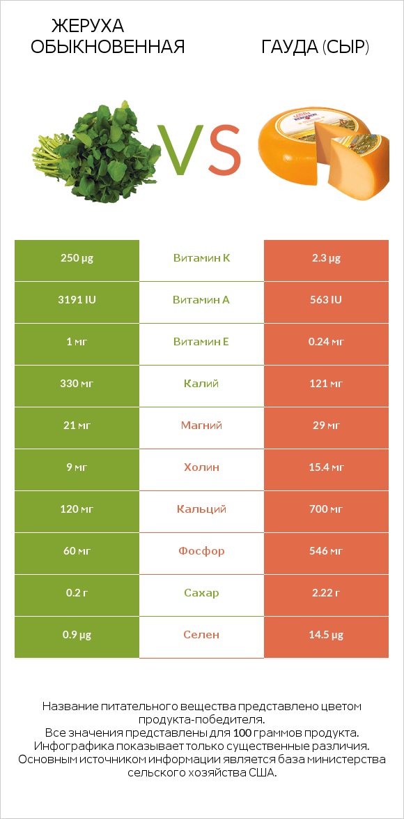 Жеруха обыкновенная vs Гауда (сыр) infographic
