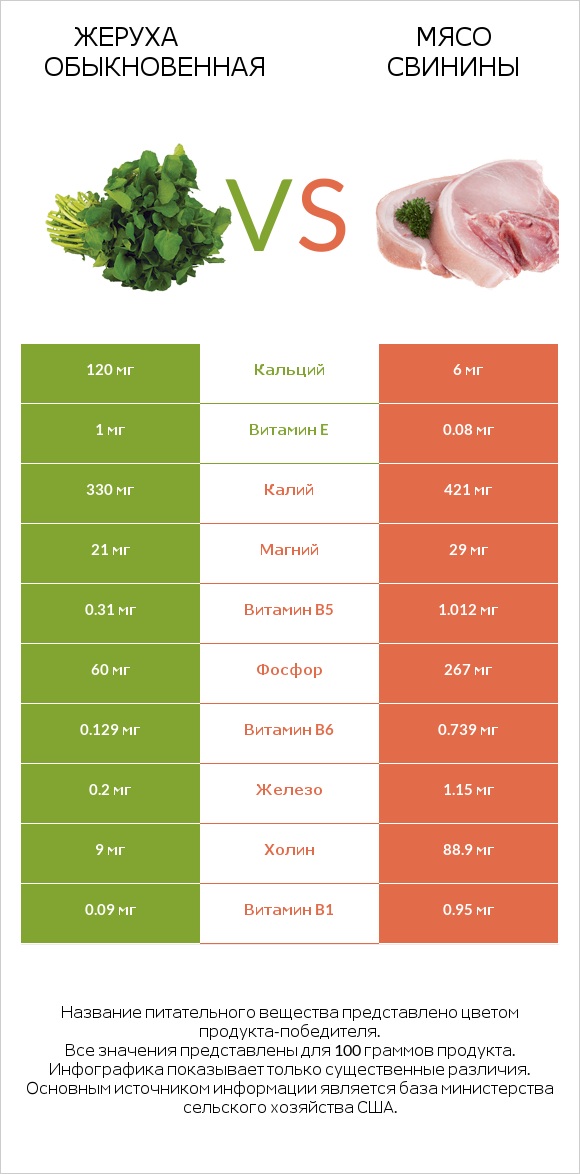 Жеруха обыкновенная vs Мясо свинины infographic