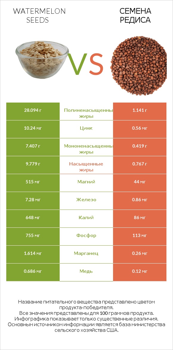 Watermelon seeds vs Семена редиса infographic