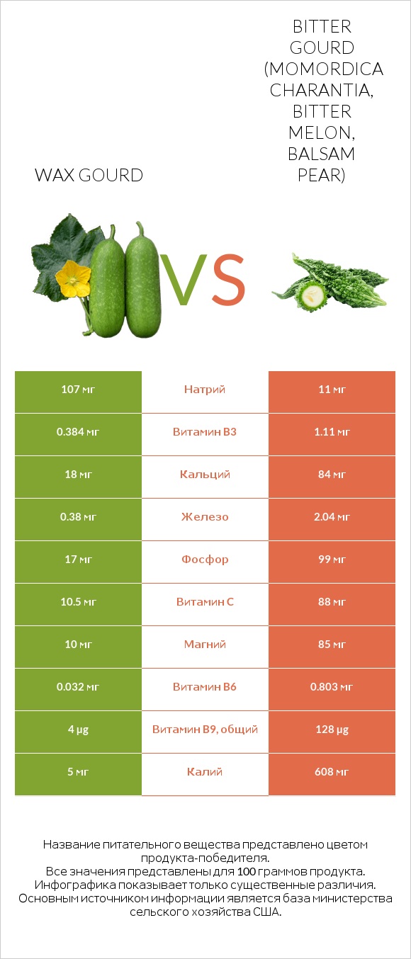Wax gourd vs Bitter gourd (Momordica charantia, bitter melon, balsam pear) infographic