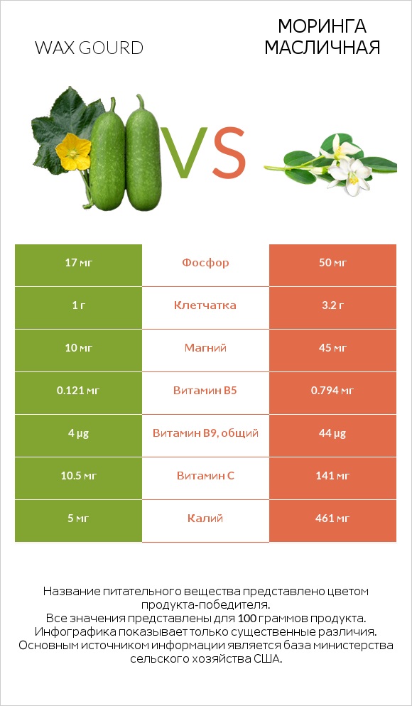 Wax gourd vs Моринга масличная infographic