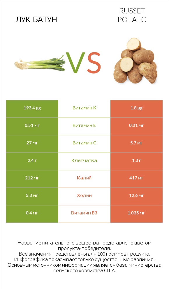 Лук-батун vs Russet potato infographic