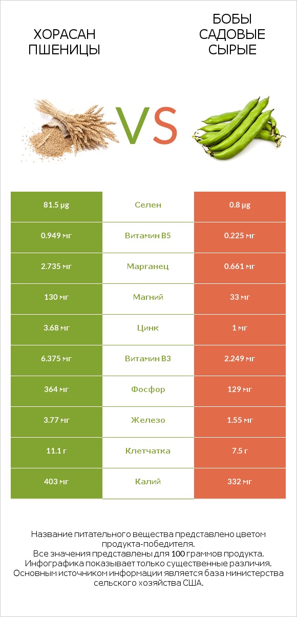 Хорасан пшеницы vs Бобы садовые сырые infographic
