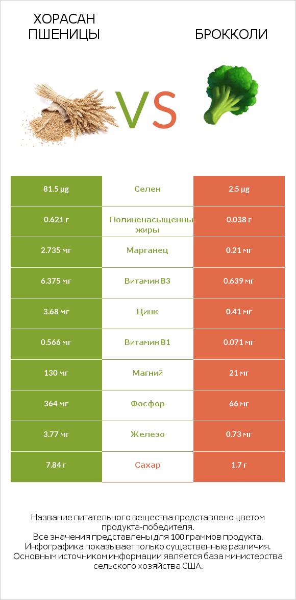 Хорасан пшеницы vs Брокколи infographic