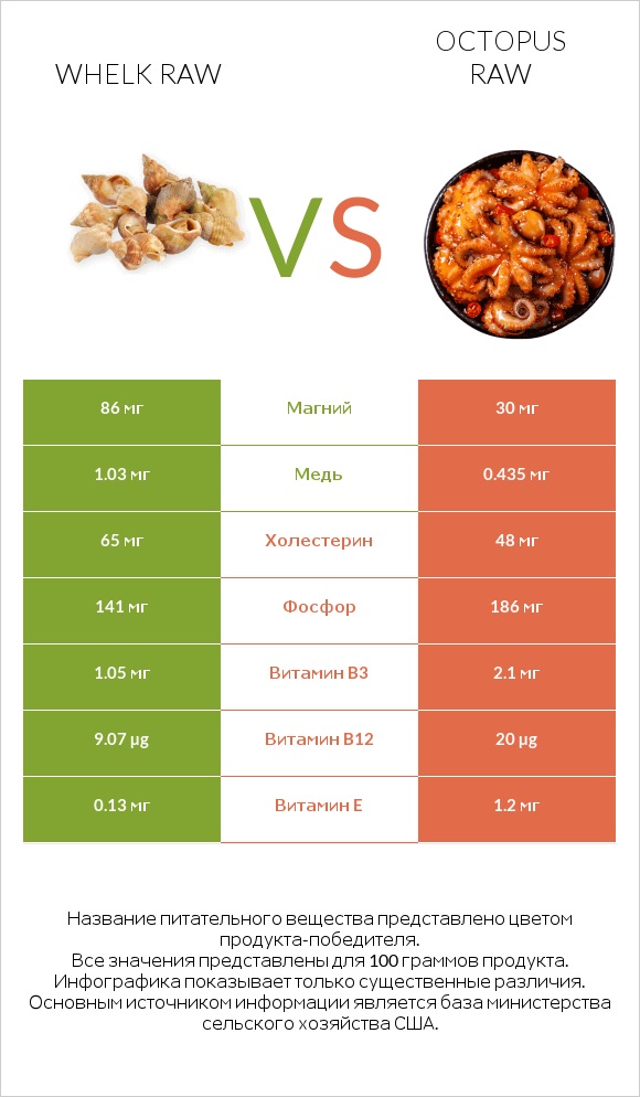 Whelk raw vs Octopus raw infographic