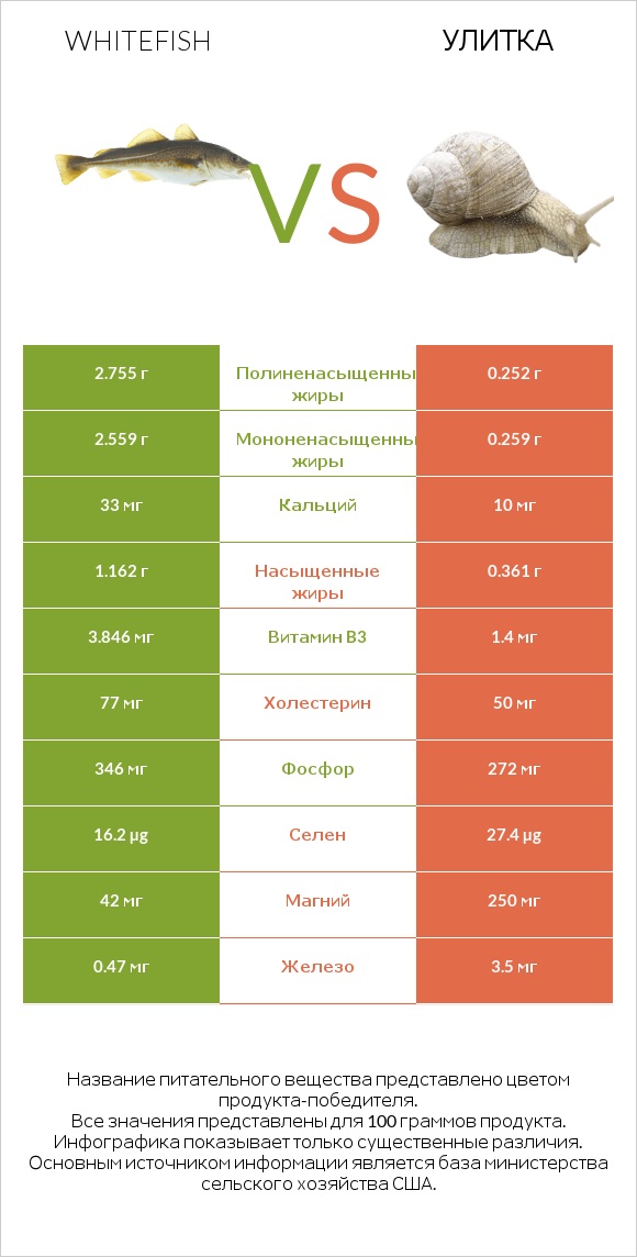 Whitefish vs Улитка infographic