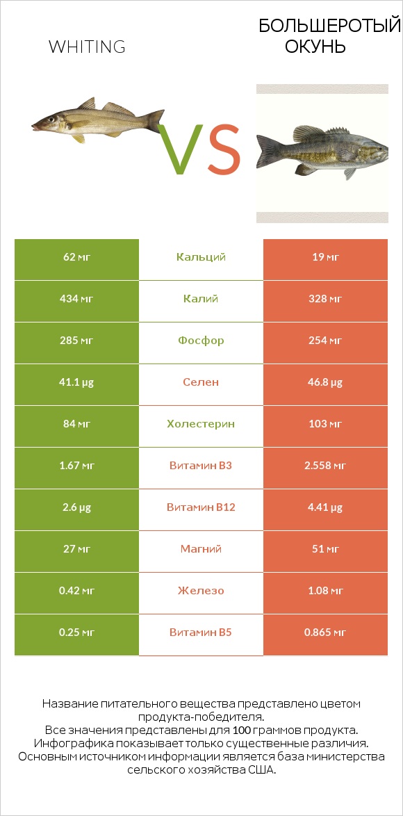 Whiting vs Большеротый окунь infographic