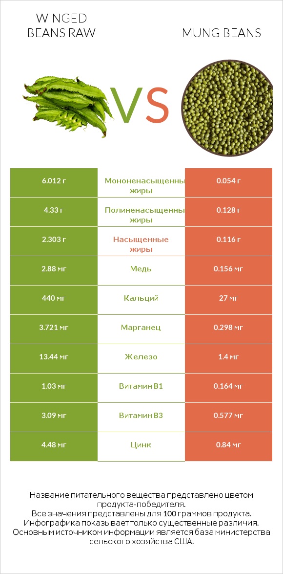 Winged beans raw vs Mung beans infographic