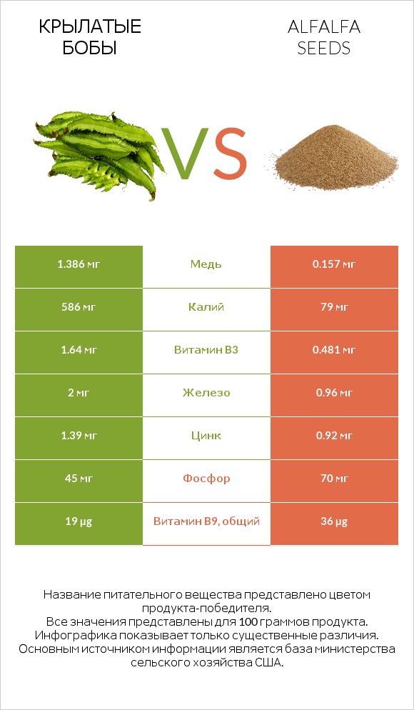 Крылатые бобы vs Семена люцерны infographic