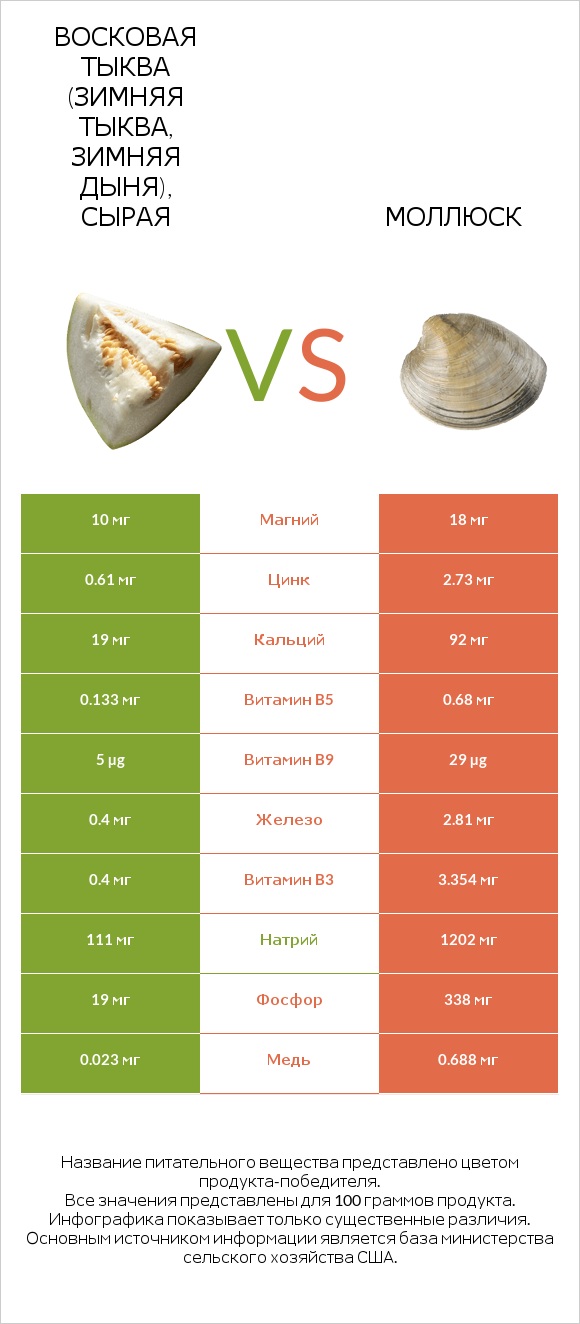 Восковая тыква (зимняя тыква, зимняя дыня), сырая vs Моллюск infographic