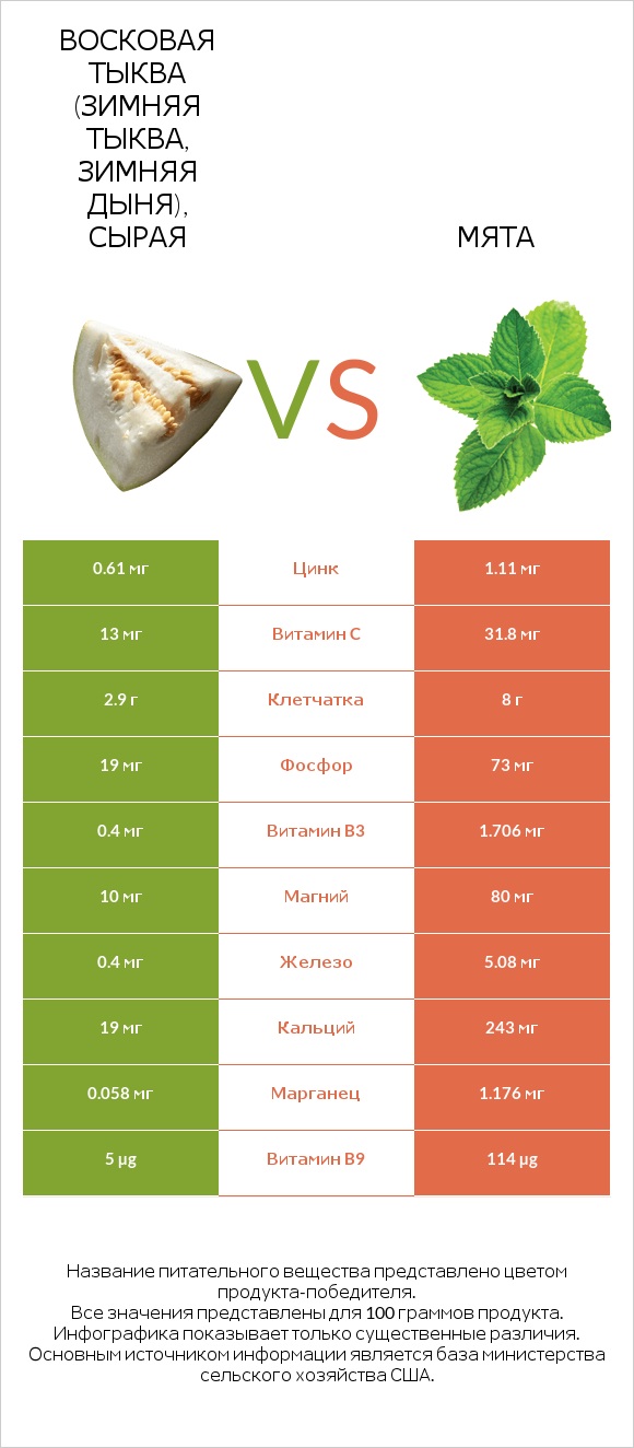 Восковая тыква (зимняя тыква, зимняя дыня), сырая vs Мята infographic