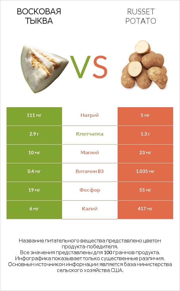 Восковая тыква vs Russet potato infographic