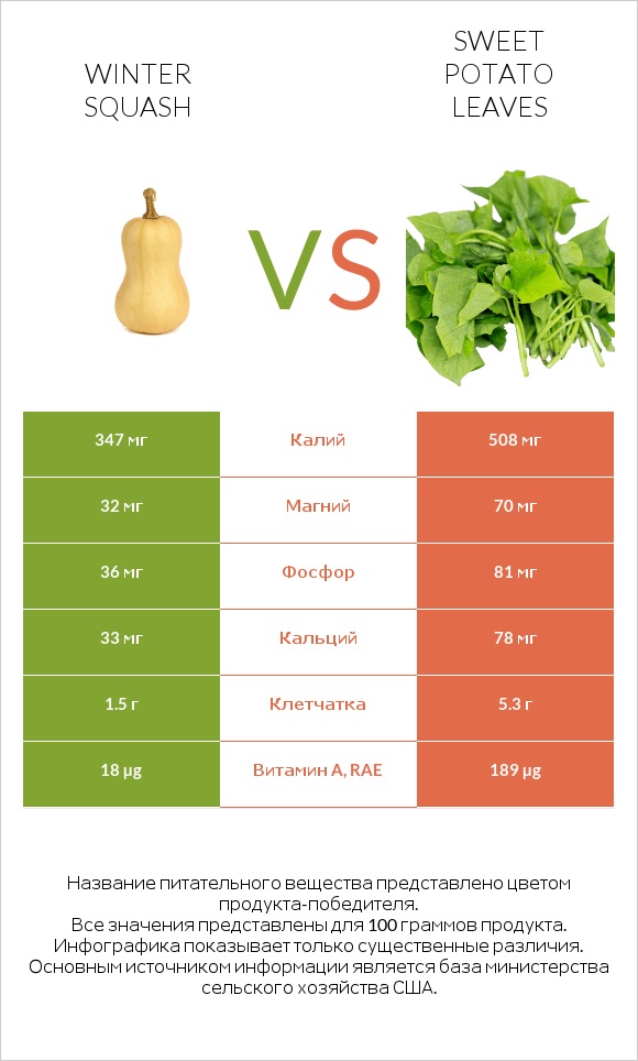 Winter squash vs Sweet potato leaves infographic