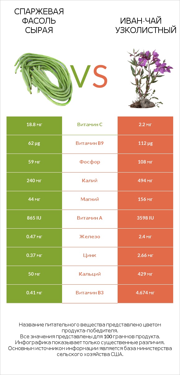 Спаржевая фасоль сырая vs Иван-чай узколистный infographic