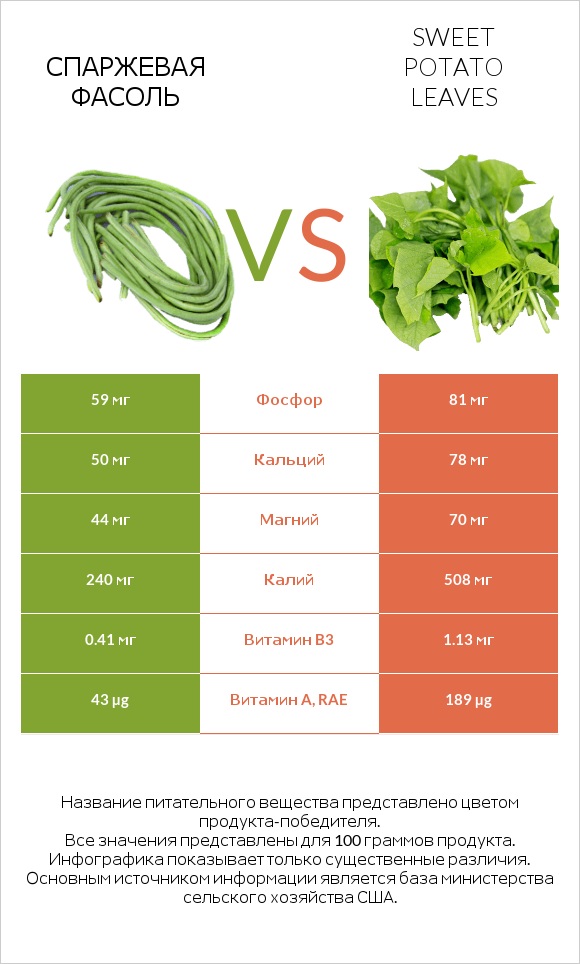 Спаржевая фасоль vs Sweet potato leaves infographic