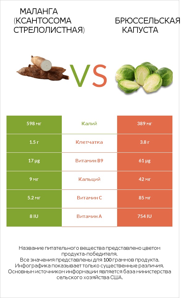 Маланга (Ксантосома стрелолистная) vs Брюссельская капуста infographic