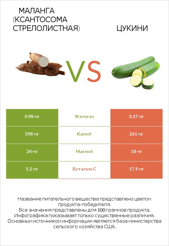 Маланга (Ксантосома стрелолистная) vs Цукини infographic