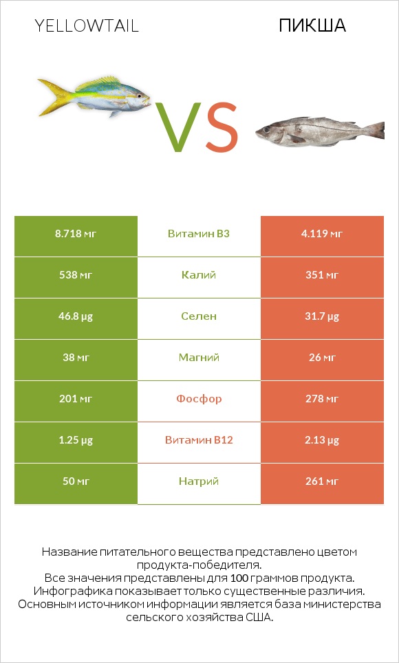 Yellowtail vs Пикша infographic