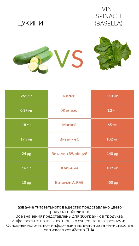 Цукини vs Vine spinach (basella) infographic