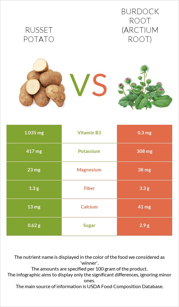 Russet potato vs Burdock root infographic