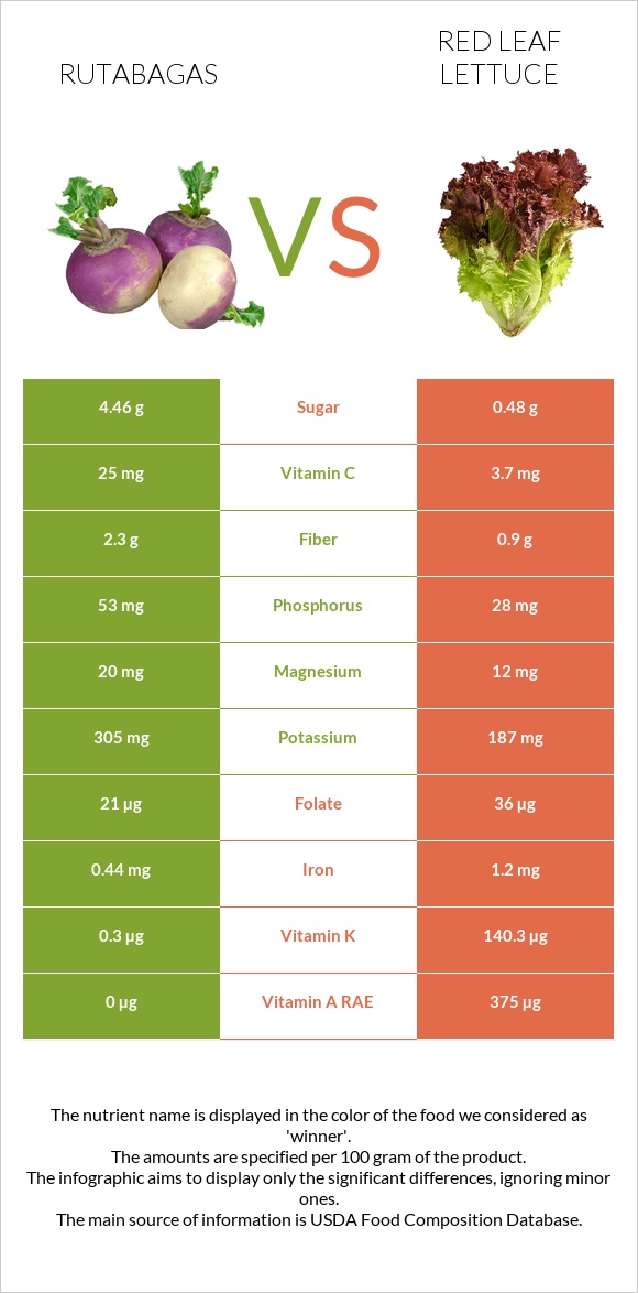 Rutabagas vs Red leaf lettuce infographic