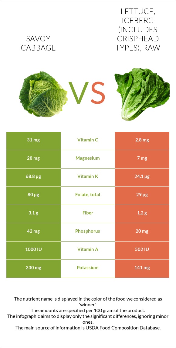 Savoy cabbage vs Lettuce, iceberg (includes crisphead types), raw infographic