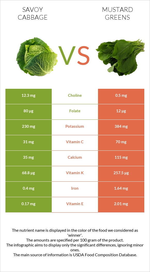 Savoy cabbage vs Mustard Greens infographic