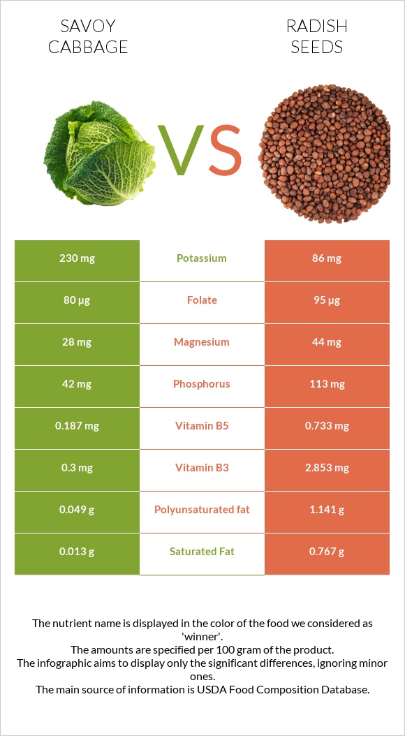 Սավոյան կաղամբ vs Radish seeds infographic