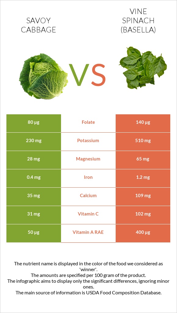 Savoy cabbage vs Vine spinach (basella) infographic