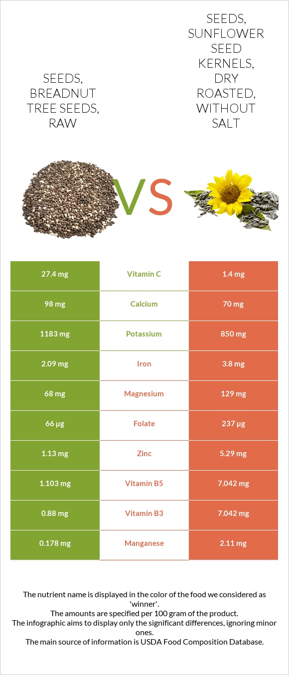 Seeds, breadnut tree seeds, raw vs Seeds, sunflower seed kernels, dry roasted, without salt infographic