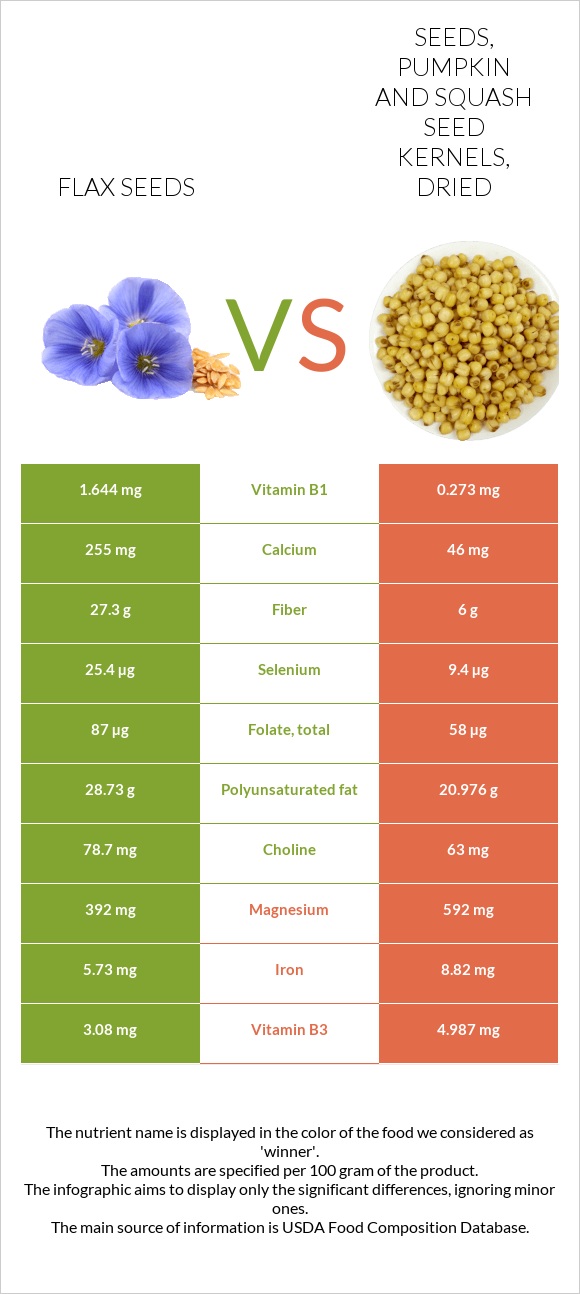 Flax seeds vs Seeds, pumpkin and squash seed kernels, dried infographic