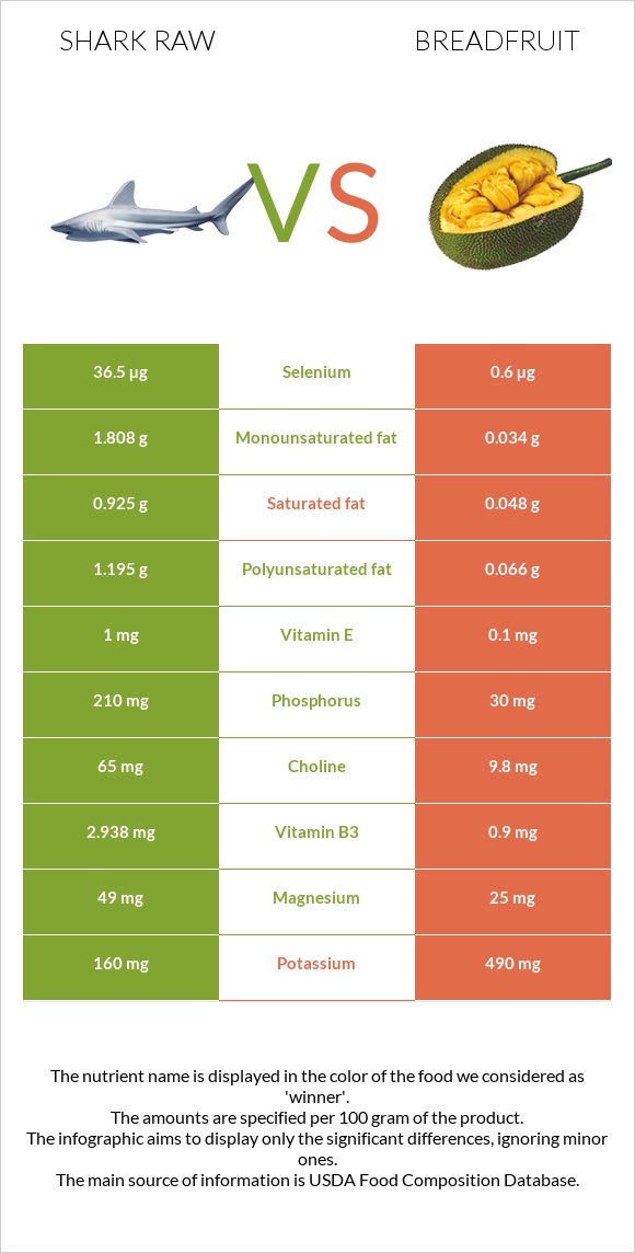 Շնաձկներ հում vs Հացի ծառ infographic