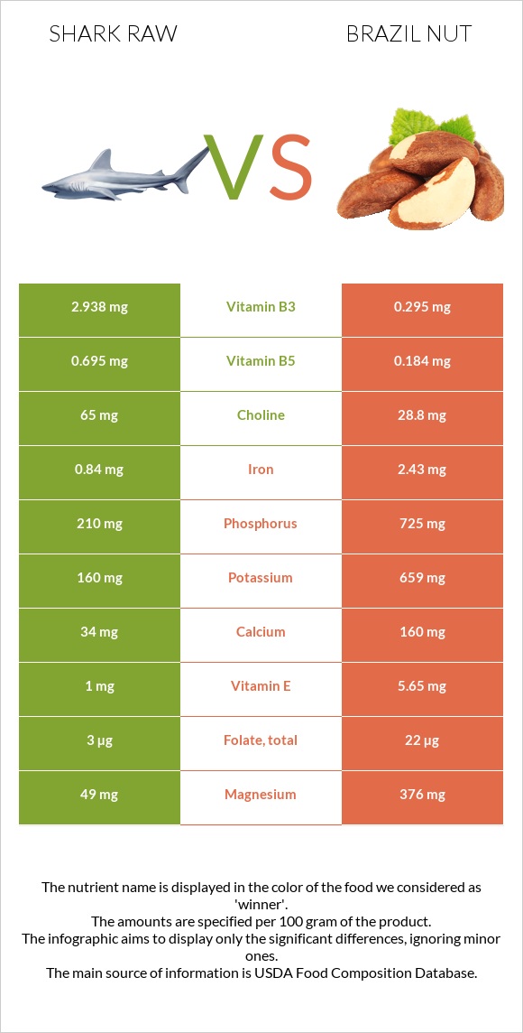 Շնաձկներ հում vs Բրազիլական ընկույզ infographic