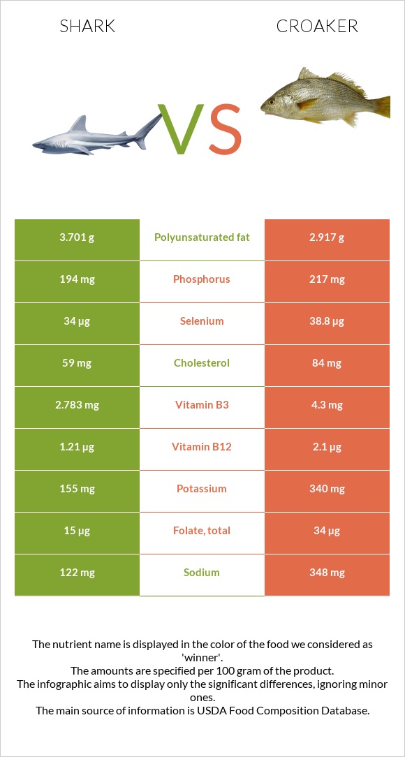 Շնաձկներ vs Croaker infographic