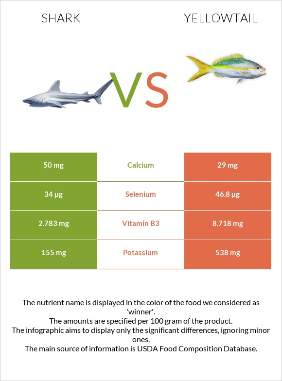 Շնաձկներ vs Yellowtail infographic