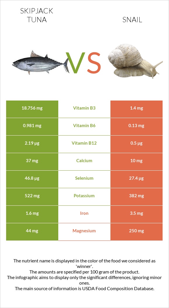 Skipjack tuna vs Snail infographic