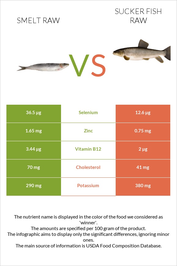 Smelt raw vs Sucker fish raw infographic