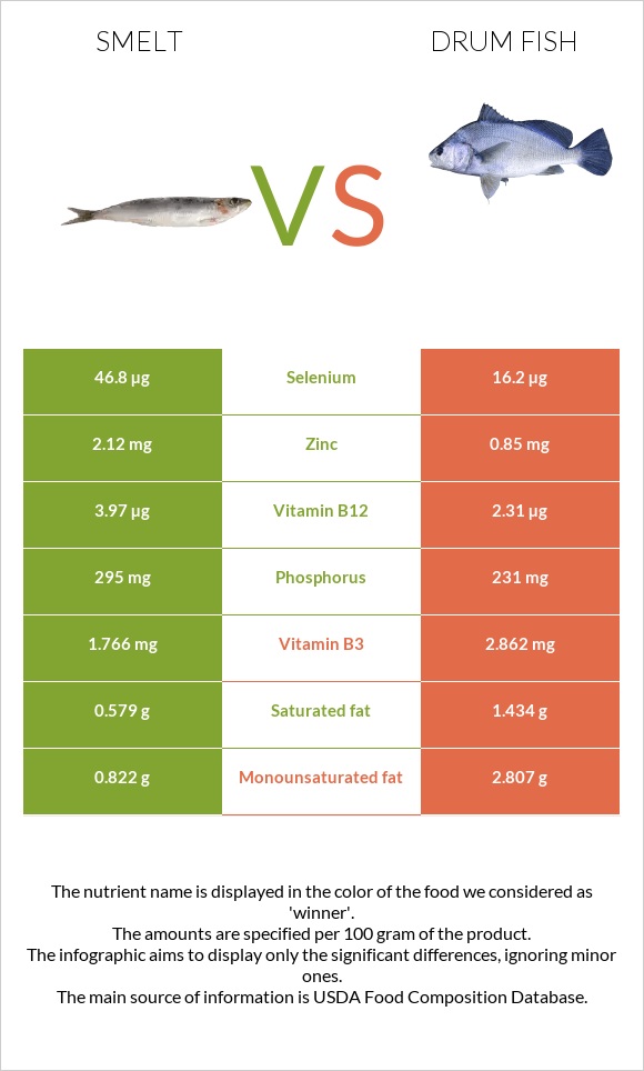 Smelt vs Drum fish infographic