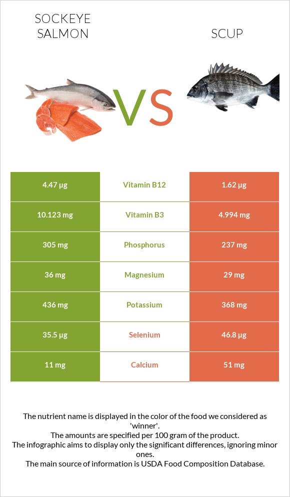 Կարմիր սաղմոն vs Scup infographic