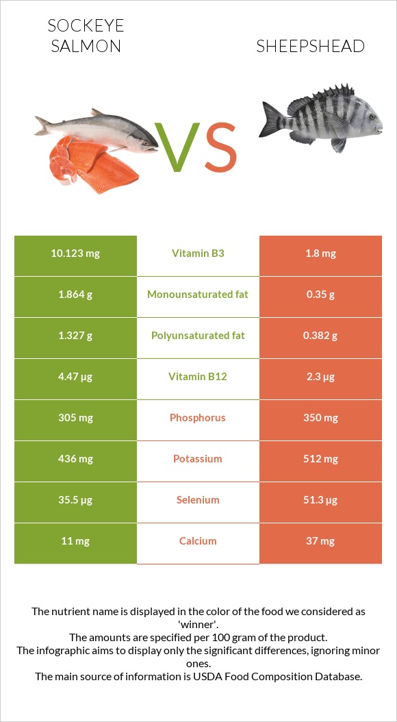 Կարմիր սաղմոն vs Sheepshead infographic