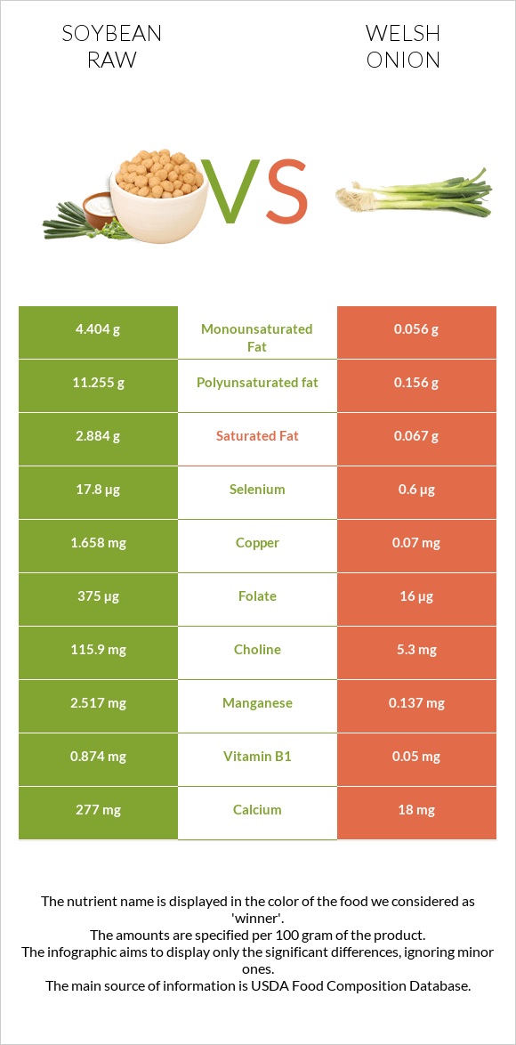 Soybean raw vs Welsh onion infographic