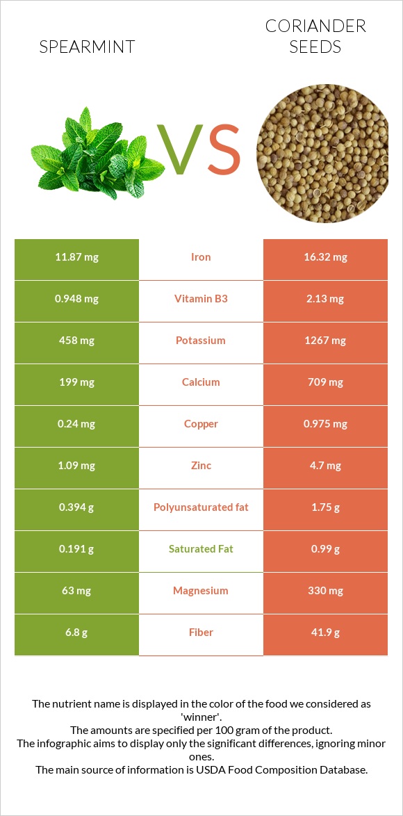 Spearmint vs Coriander seeds infographic