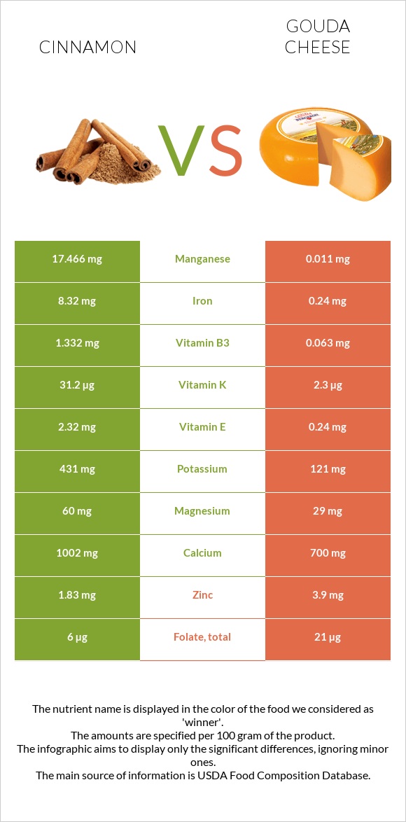 Cinnamon vs Gouda cheese infographic