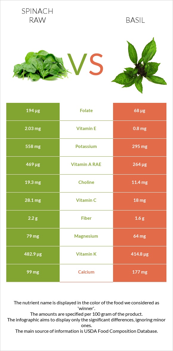 Spinach raw vs Basil infographic